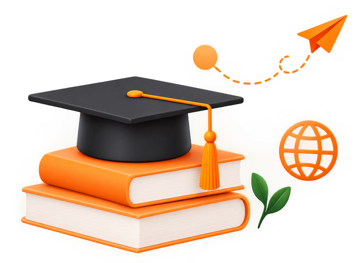 Graduation cap on books with a paper plane and globe